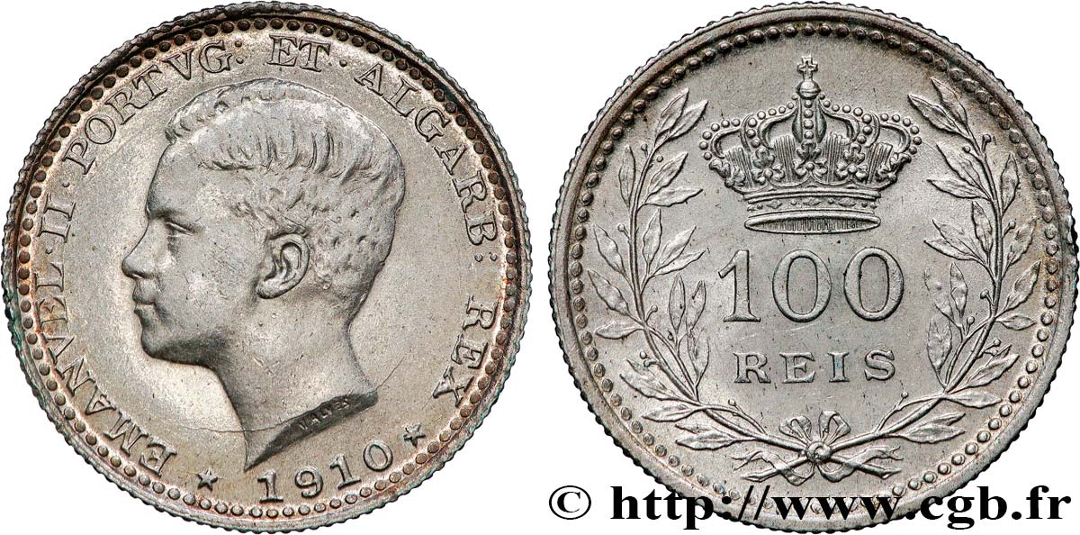 PORTUGAL 100 Reis Emmanuel II 1910  TTB