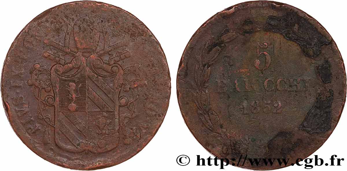 VATICAN - PIUS IX (Giovanni Maria Mastai Ferretti) 5 Baiocchi an VII 1852 Rome F