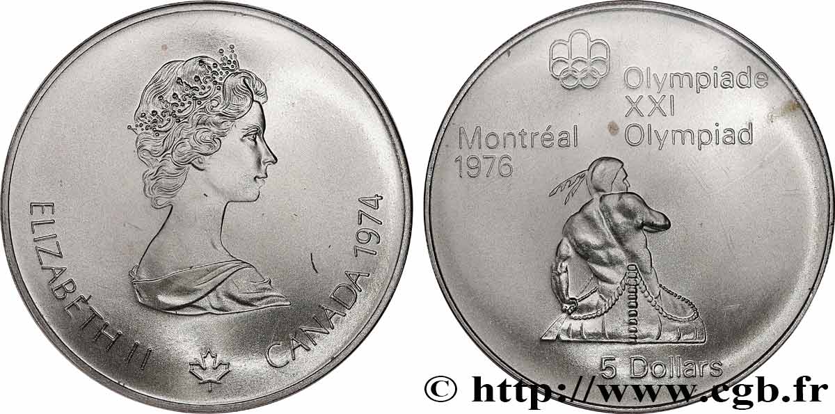 CANADA 5 Dollars JO Montréal 1976 indien sur canoë / Elisabeth II 1974  MS 