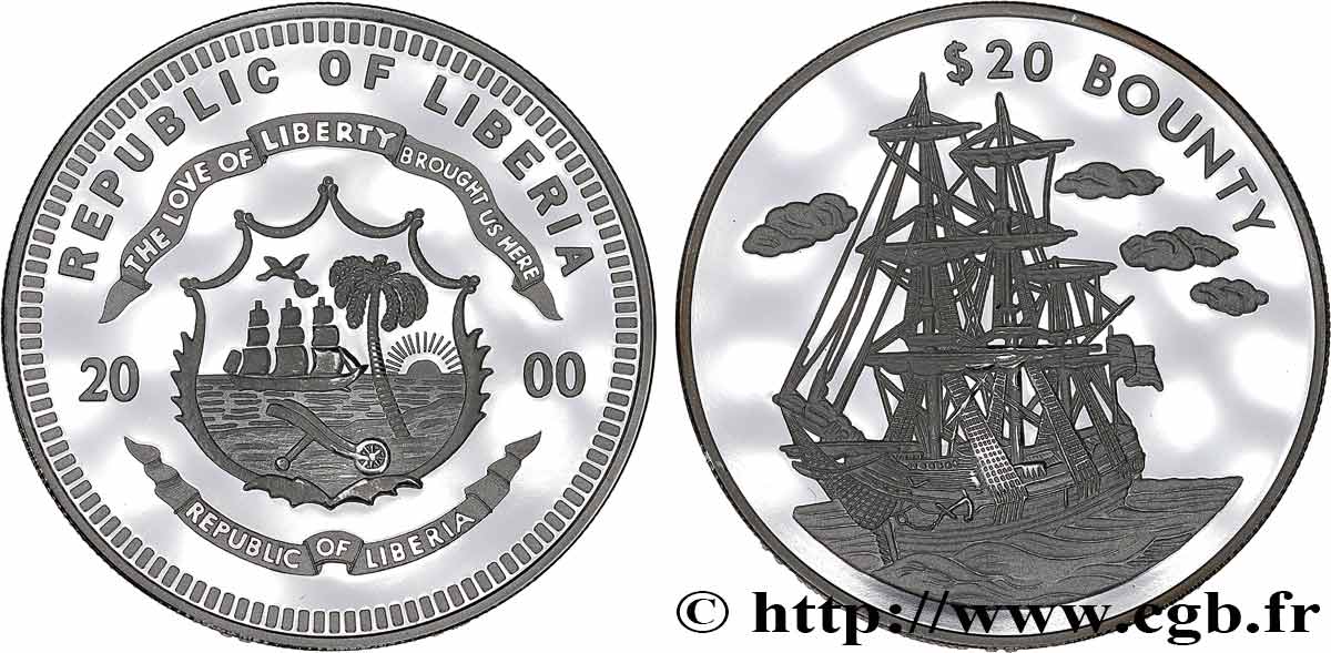 LIBERIA 20 Dollars Proof Voilier Bounty 2000  MS 