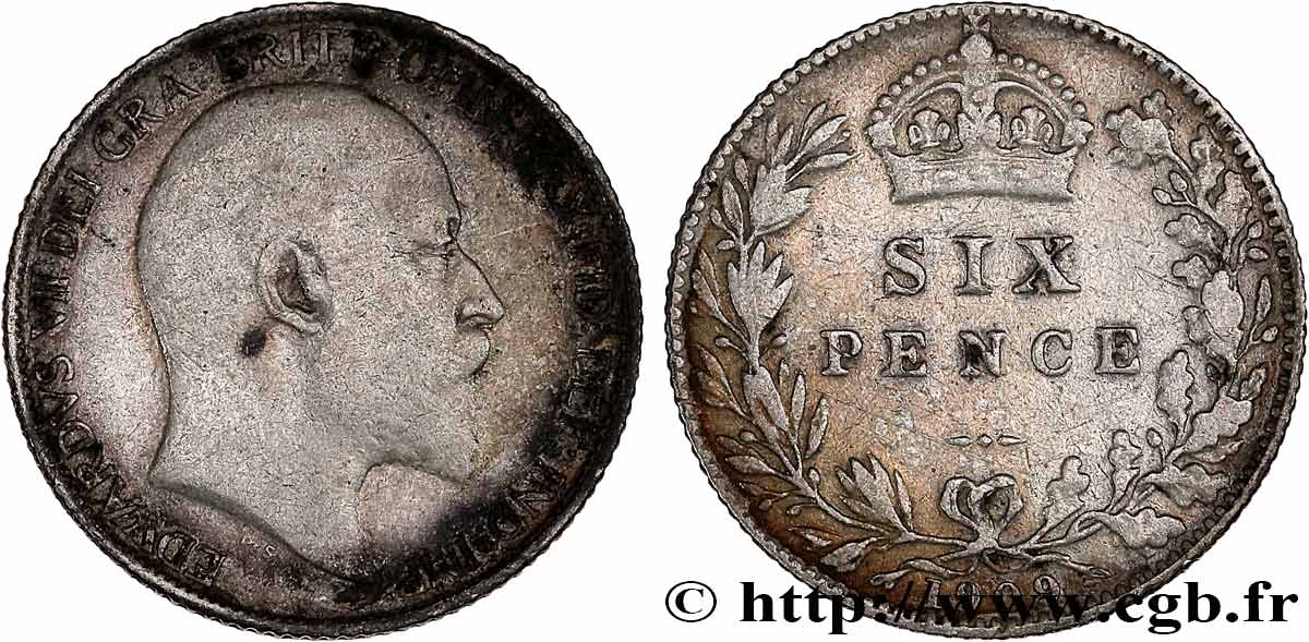 GRANDE-BRETAGNE - ÉDOUARD VII 6 Pence 1909 VF