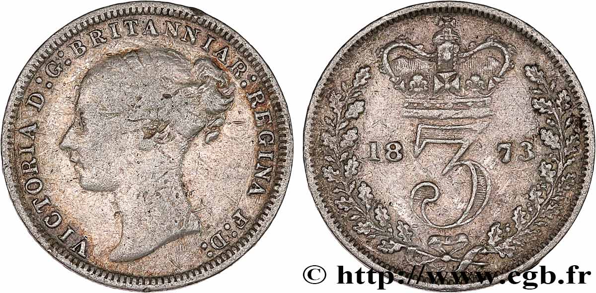 UNITED KINGDOM 3 Pence Victoria “Bun Head” 1873  VF 