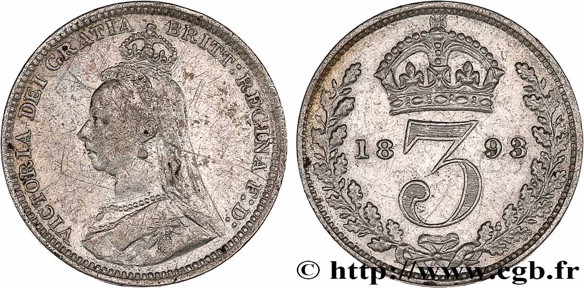 ROYAUME-UNI 3 Pence Victoria buste du jubilé 1893  TB+ 