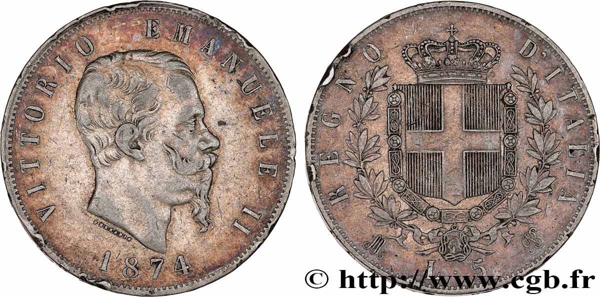 ITALY 5 Lire Victor Emmanuel II 1874 Milan VF