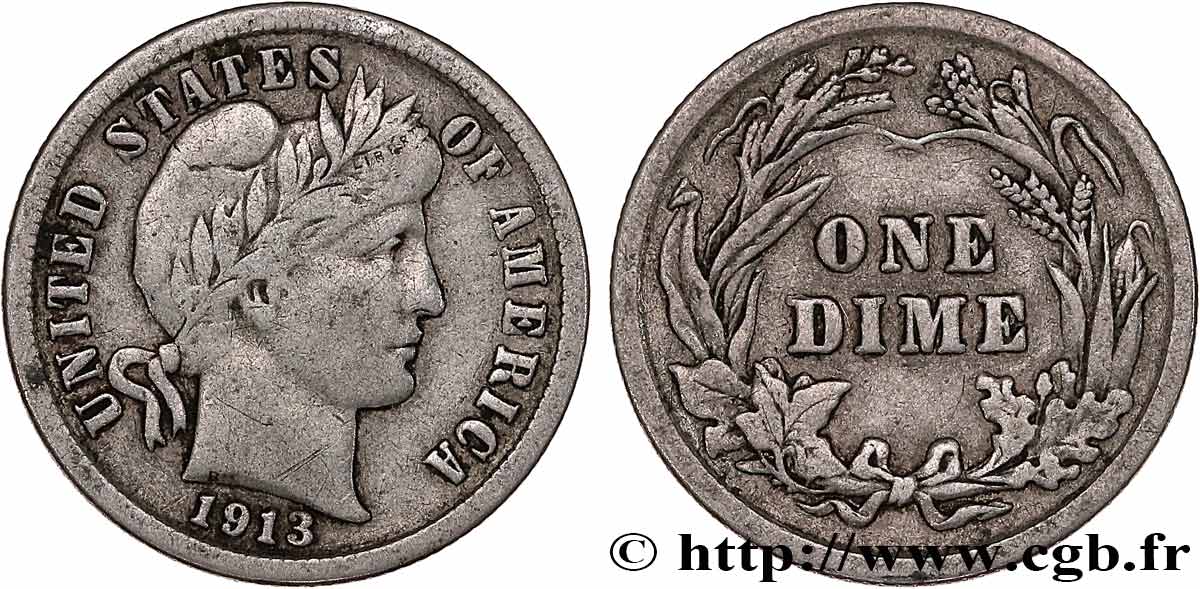 UNITED STATES OF AMERICA 1 Dime Barber 1913 Philadelphie XF 
