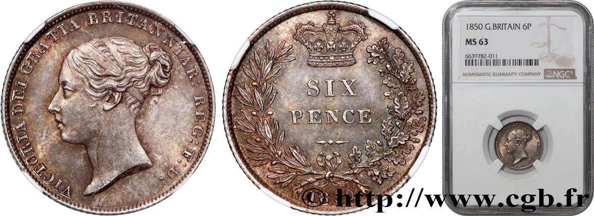 UNITED KINGDOM 6 Pence Victoria tête jeune 1850 Londres MS63 NGC