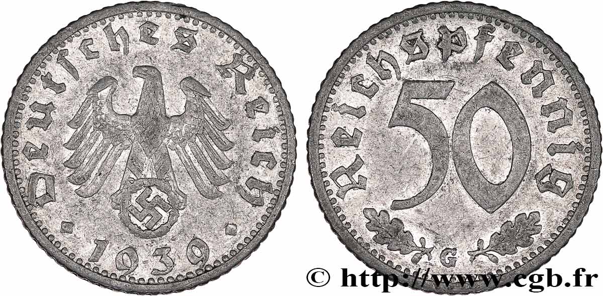 ALEMANIA 50 Reichspfennig aigle et svastika 1939 Karlsruhe MBC