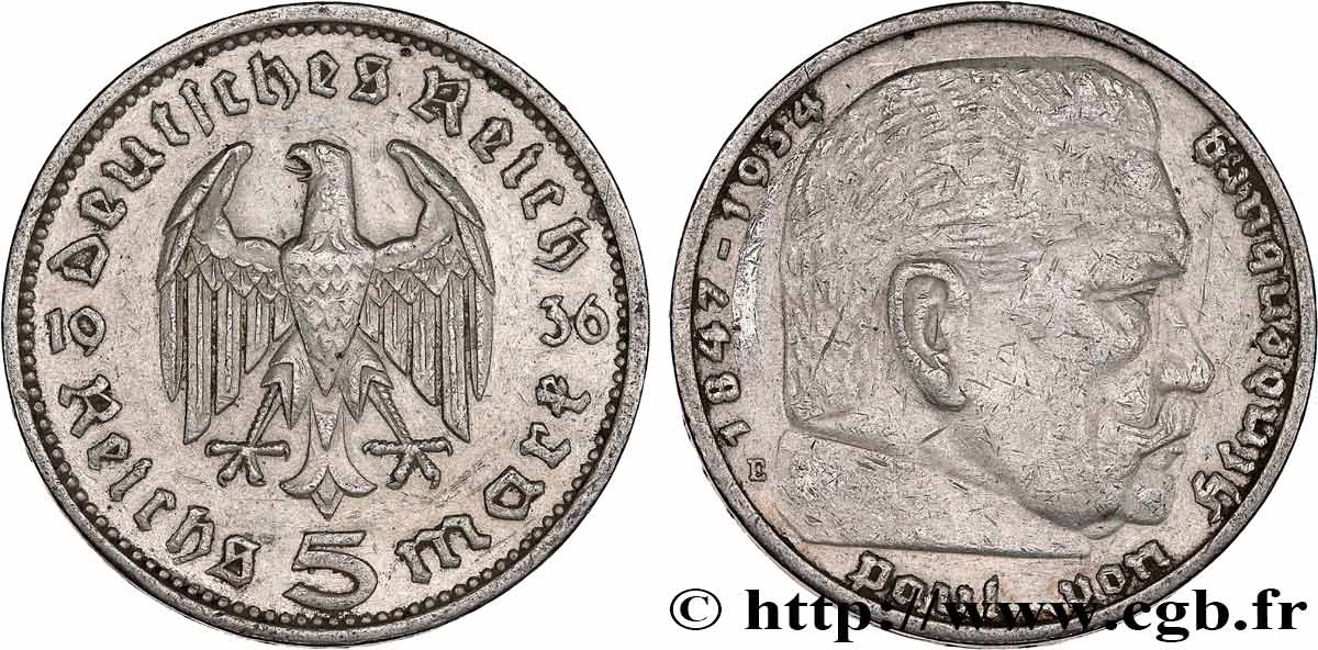 ALLEMAGNE 5 Reichsmark Maréchal Paul von Hindenburg 1936 Muldenhütten - E TTB 