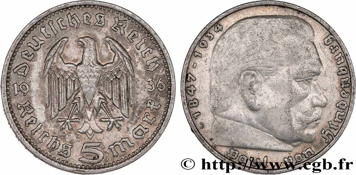 GERMANY 5 Reichsmark Maréchal Paul von Hindenburg 1936 Hambourg XF