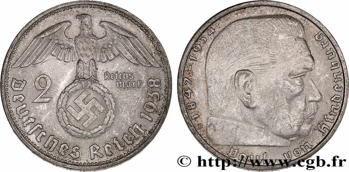GERMANY 2 Reichsmark Maréchal Paul von Hindenburg 1938 Vienne AU 