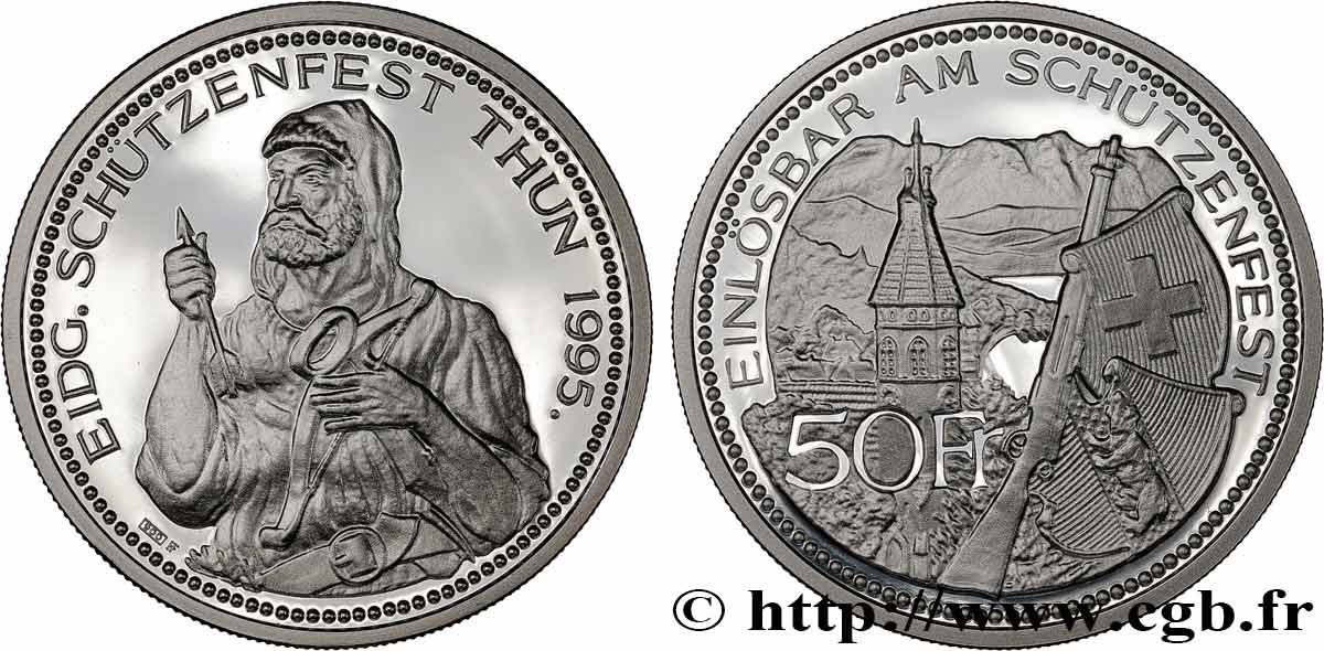 SWITZERLAND Médaille Proof de 50 Francs, tir fédéral Thoune 1990 Huguenin, Le Locle MS 