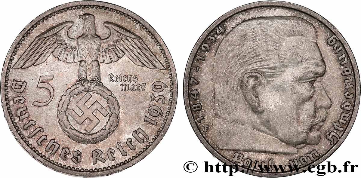 ALLEMAGNE 5 Reichsmark Maréchal Paul von Hindenburg 1939 Stuttgart - F SUP