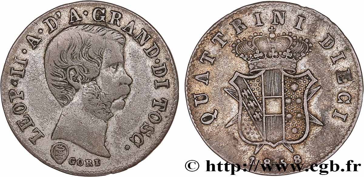ITALY - TUSCANY 10 Quattrini Léopold II 1858 Florence VF 