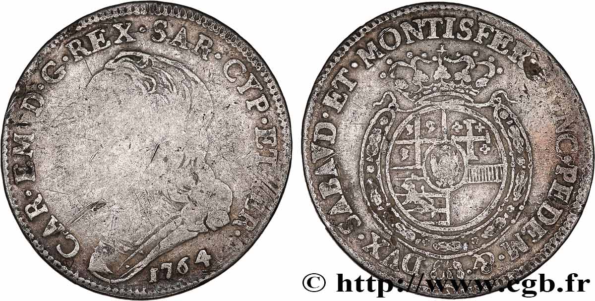 ITALIA - REINO DE CERDEÑA 1/4 Scudo Charles Emmanuel III, Roi de Sardaigne 1764 Turin RC+ 