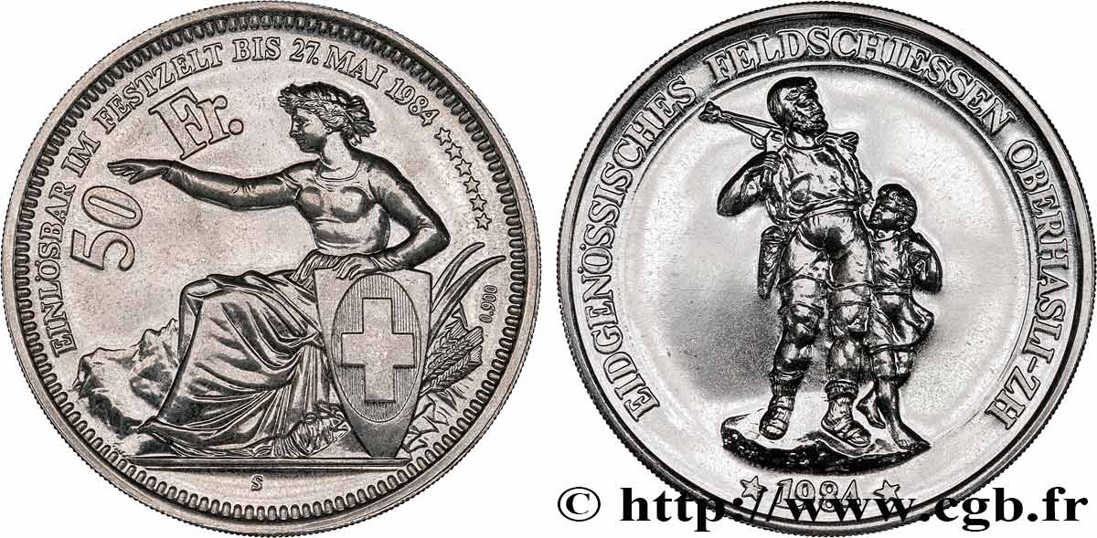 SWITZERLAND Médaille de 50 francs, tir fédéral Oberhasli 1984  MS 