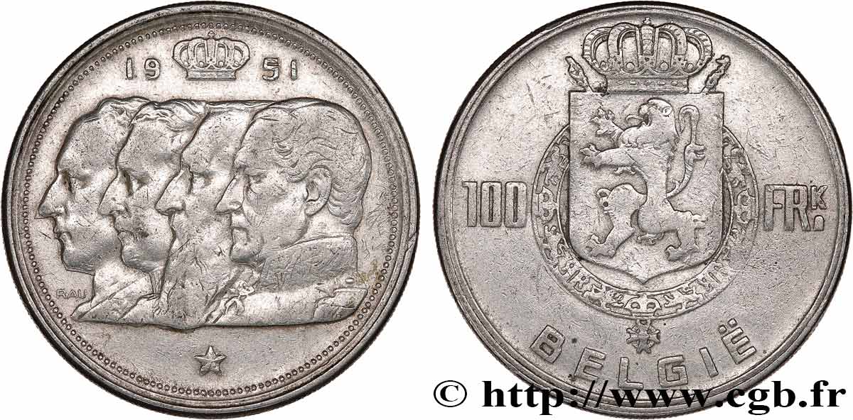 BELGIUM 100 Franken (Francs) Quatre rois de Belgique, légende flamande 1951 VF