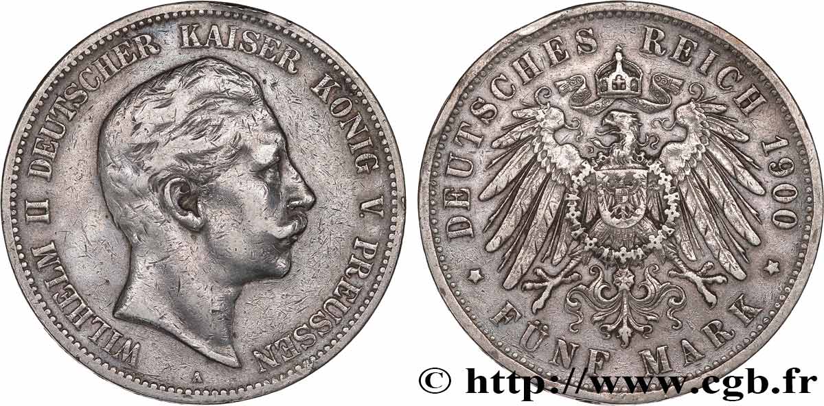 GERMANY - PRUSSIA 5 Mark Guillaume II 1900 Berlin XF