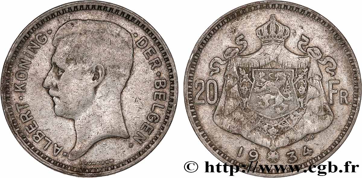 BELGIUM 20 Francs Albert Ier légende Flamande 1934 VF