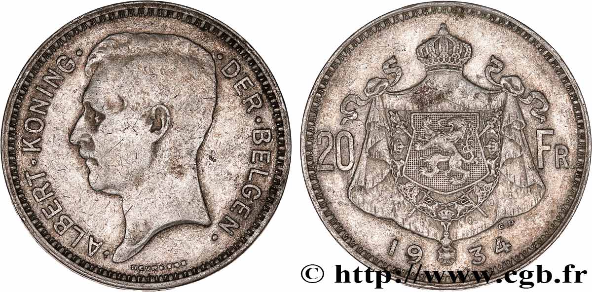 BELGIUM 20 Francs Albert Ier légende Flamande 1934 VF