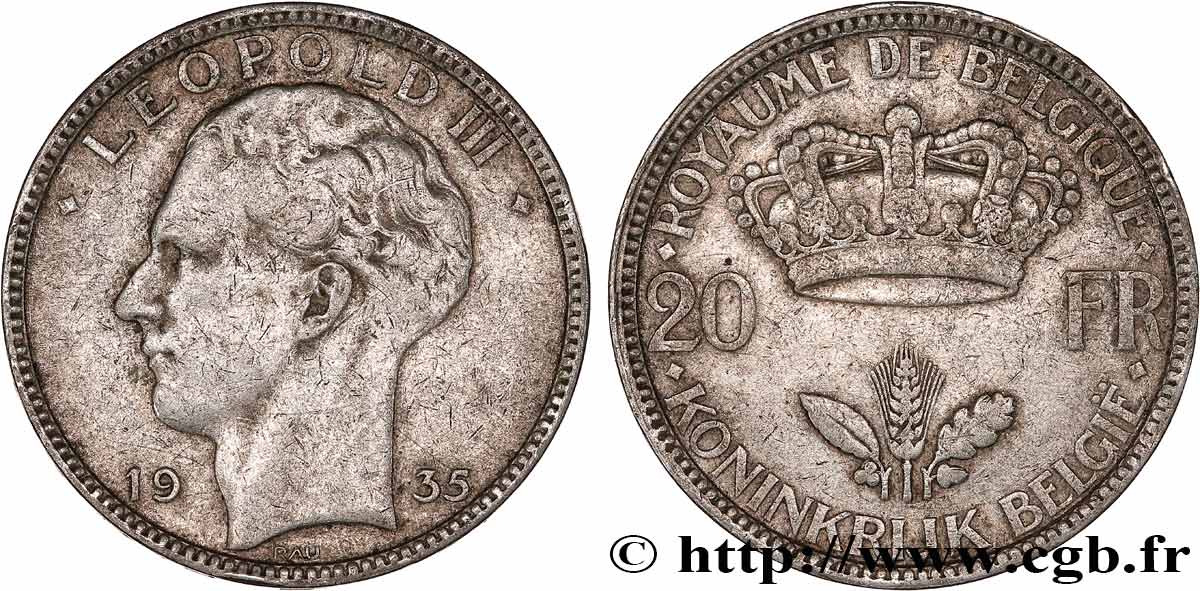 BELGIUM 20 Francs Léopold III 1935 VF