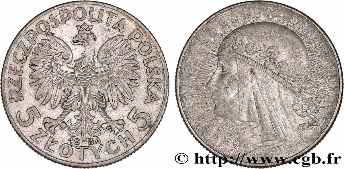 POLAND 5 Zlotych Reine Jadwiga 1934 Varsovie XF 