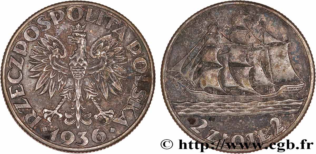 POLAND 2 Zlote 15e anniversaire du port de Gdynia 1936 Varsovie XF