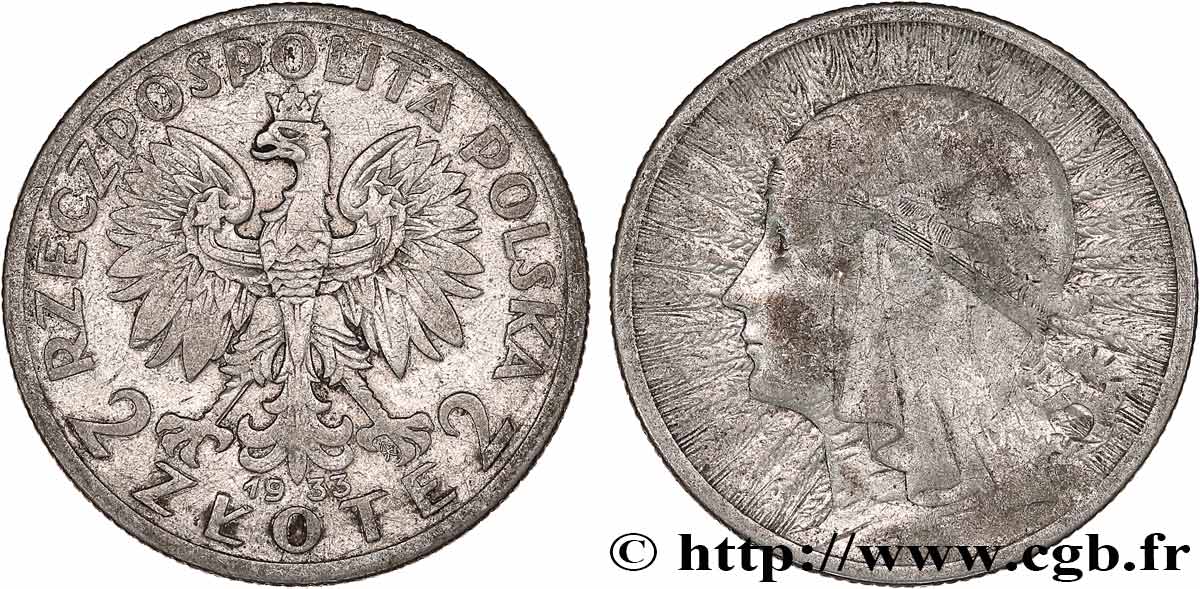 POLONIA 2 Zlote reine Jadwiga 1933 Varsovie BC+