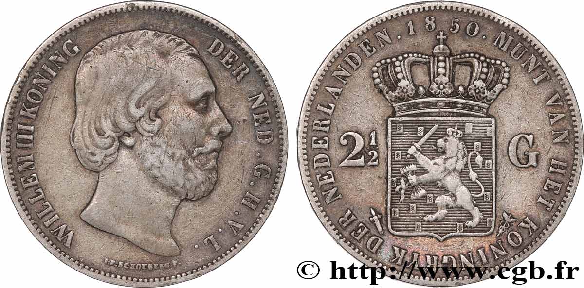 NETHERLANDS 2 1/2 Gulden Guillaume III 1850 Utrecht XF 