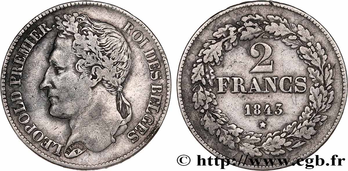 BELGIQUE - ROYAUME DE BELGIQUE - LÉOPOLD Ier 2 Francs tête laurée 1843  VF 