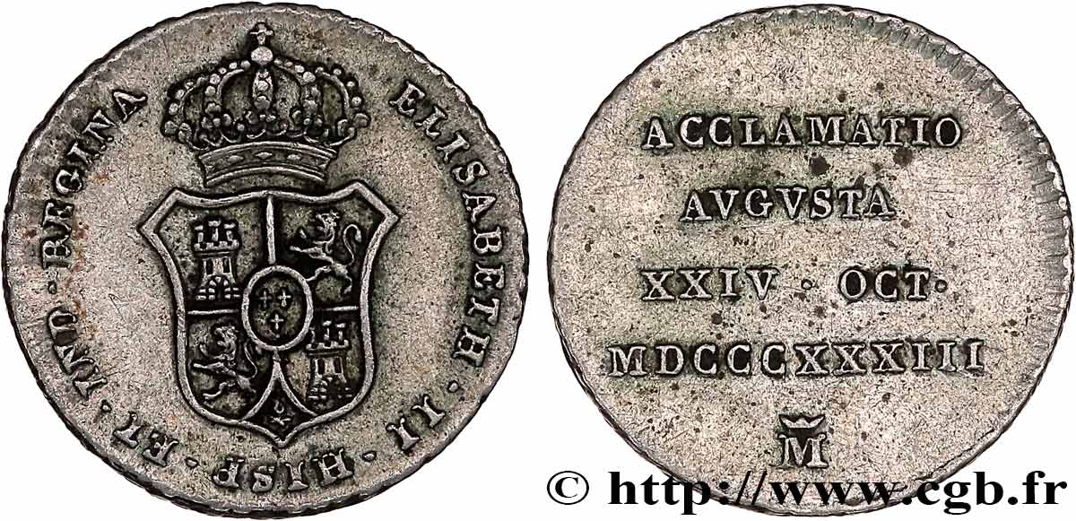 SPAIN - KINGDOM OF SPAIN - ISABELLA II Médaille d’acclamation au module de 1/2 Real 1833 Madrid XF 