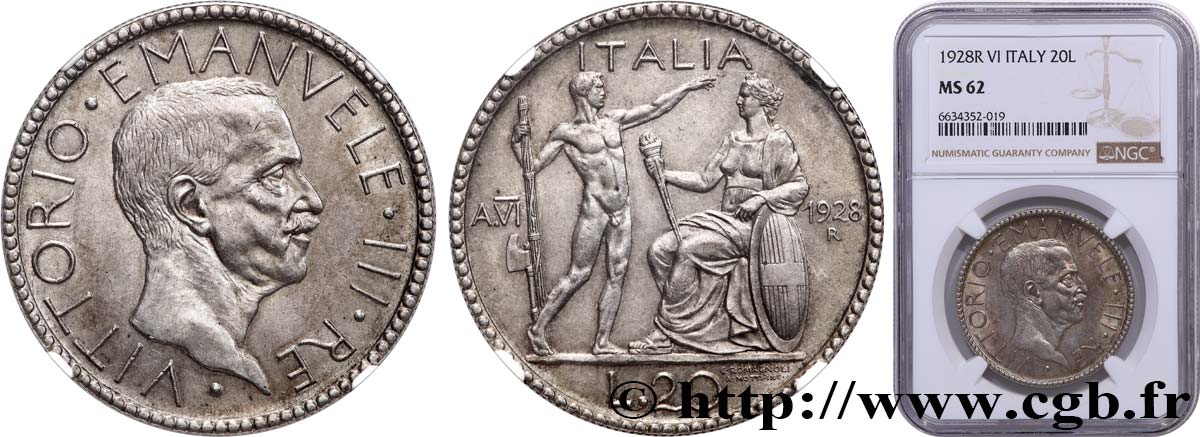 ITALY - KINGDOM OF ITALY - VICTOR-EMMANUEL III 20 Lire au licteur 1928 Rome MS62 NGC