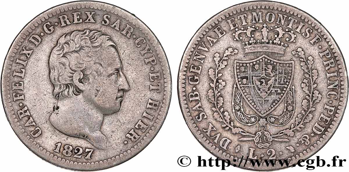 ITALY - KINGDOM OF SARDINIA 2 Lire Charles-Félix  1827 Turin XF 