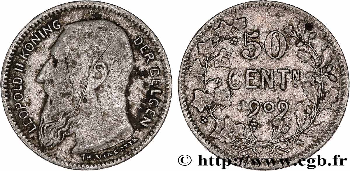 BELGIQUE 50 Centiemen (Centimes) Léopold II légende en flamand 1909 TB+