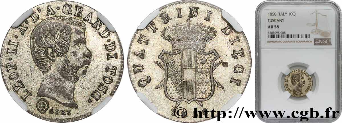 ITALY - GRAND DUCHY OF TUSCANY - LEOPOLD II 10 Quattrini  1858 Florence AU58 NGC