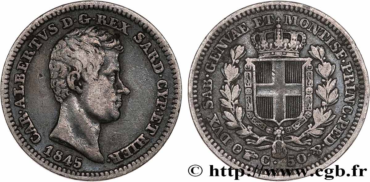 ITALY - KINGDOM OF SARDINIA - CHARLES-ALBERT 50 Centesimi  1845 Turin XF 