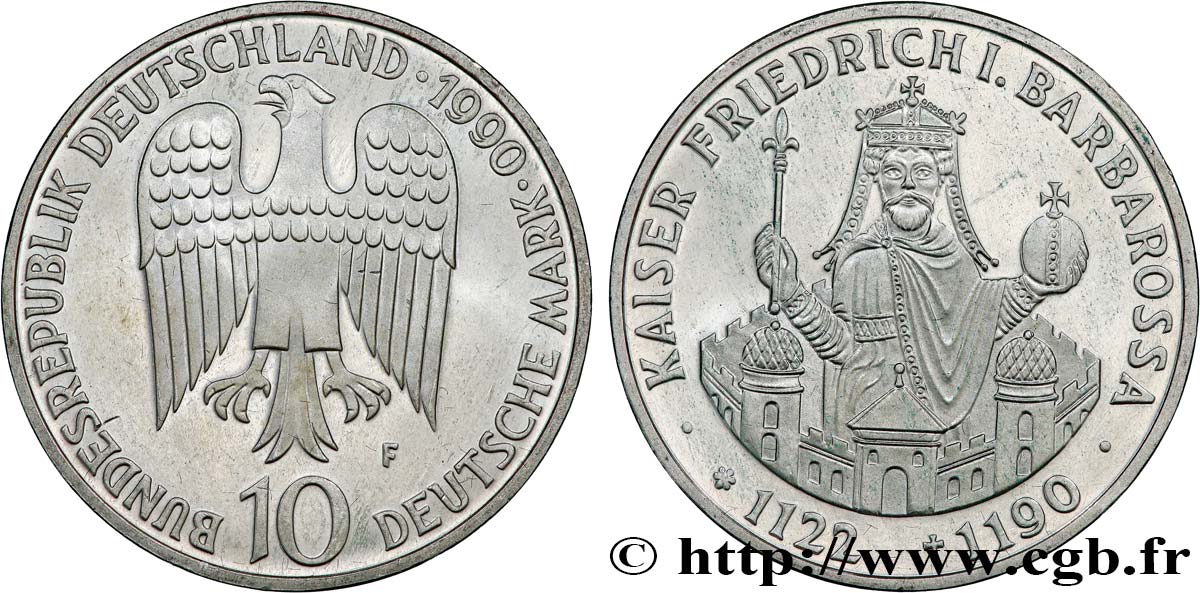 GERMANY 10 Mark Proof 800e anniversaire de la mort de Frédéric Barberousse 1990 Stuttgart AU