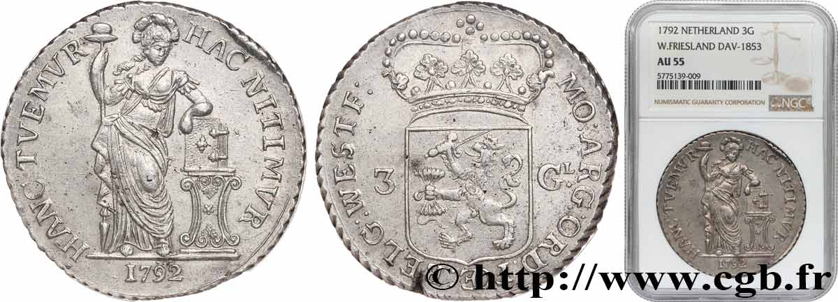 PAíSES BAJOS - PROVINCIAS UNIDAS - FRISIA 3 Gulden ou triple florin 1792  EBC55 PCGS