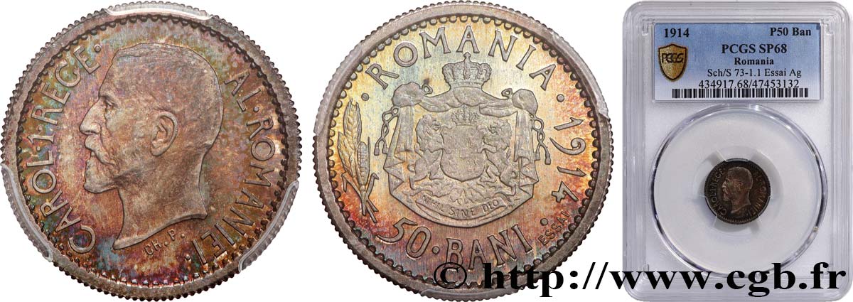 ROMANIA - CHARLES I Essai 50 Bani  1914  ST68 PCGS
