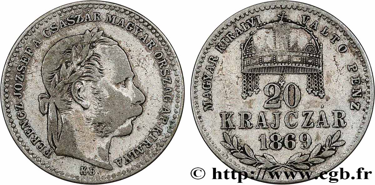 HUNGARY 20 Krajczar François Joseph Ier 1869 Kremnitz - B VF
