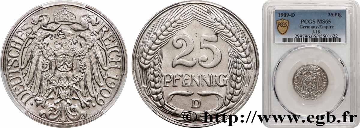 GERMANY 25 Pfennig Empire aigle impérial 1909 Munich MS65 PCGS