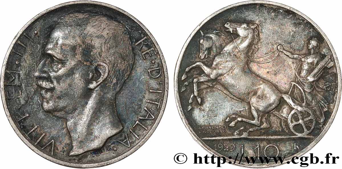 ITALY - VICTOR EMMANUEL III 10 Lire char antique 1929 Rome XF
