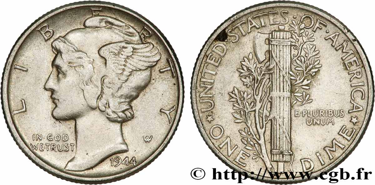 UNITED STATES OF AMERICA 1 Dime Mercury 1944 Philadelphie XF