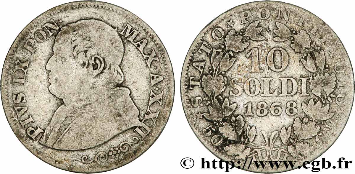 VATICAN AND PAPAL STATES 10 Soldi (50 Centesimi) Pie IX an XXII 1868 Rome VF
