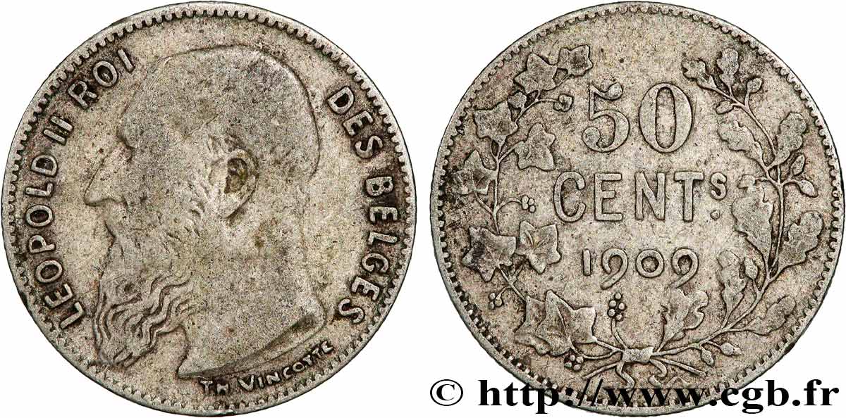BELGIUM 50 Centimes Léopold II légende en français 1909 VF