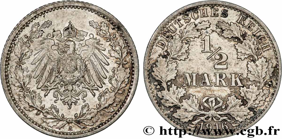GERMANY 1/2 Mark Empire aigle impérial 1916 Berlin XF