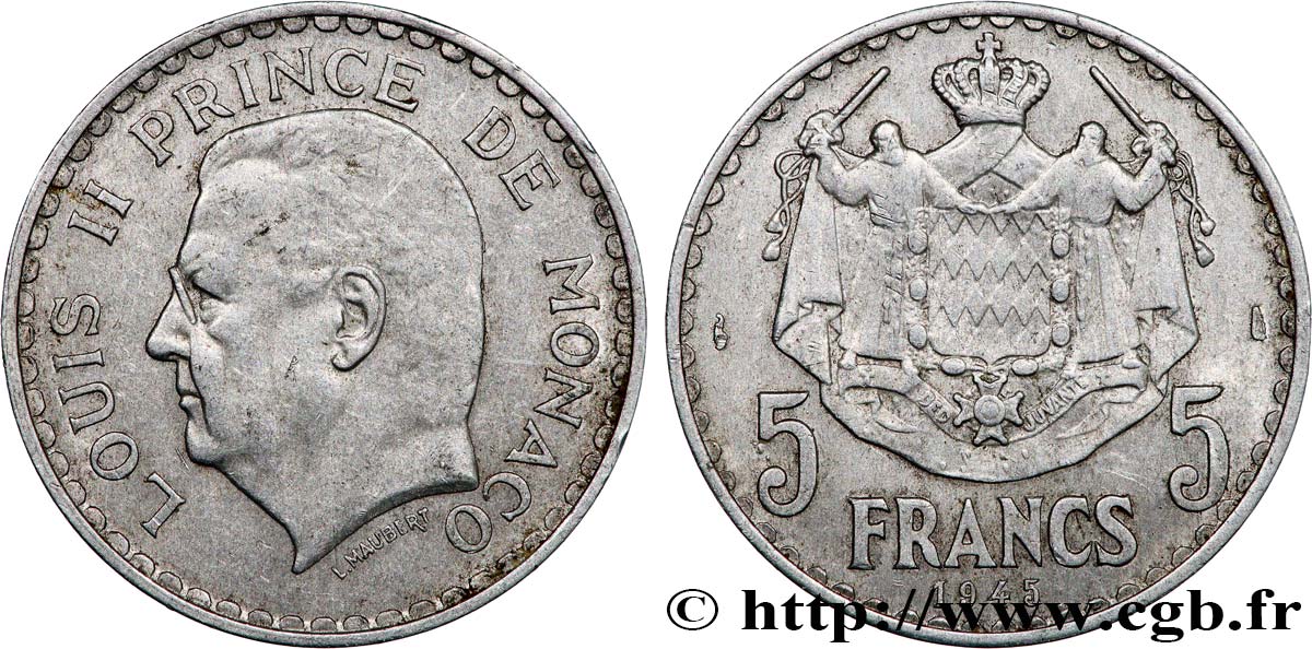MONACO 5 Francs Louis II / armoiries 1945 Paris XF