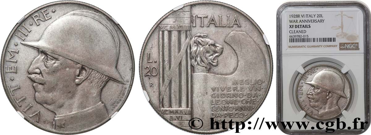ITALY - KINGDOM OF ITALY - VICTOR-EMMANUEL III 20 Lire, 10e anniversaire de la fin de la Première Guerre mondiale 1928 Rome XF NGC