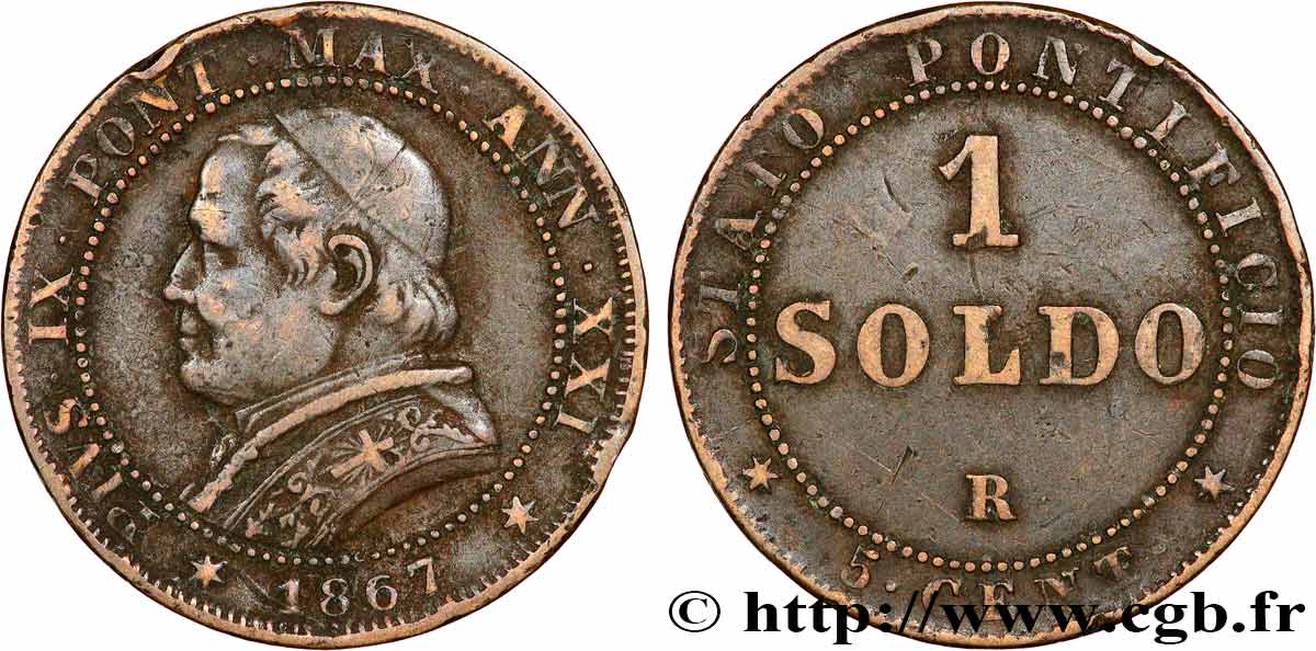 VATICAN ET ÉTATS PONTIFICAUX 1 Soldo an XXI buste large 1867 Rome TB