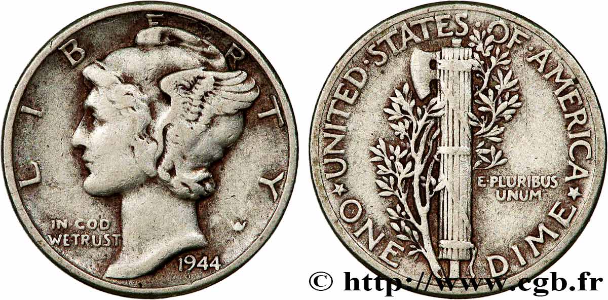 UNITED STATES OF AMERICA 1 Dime Mercury 1944 Philadelphie XF