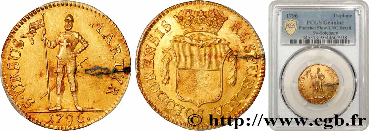 SWITZERLAND - CONFEDERATION OF HELVETIA - CANTON OF SOLOTHURN Duplone 1796  MS PCGS